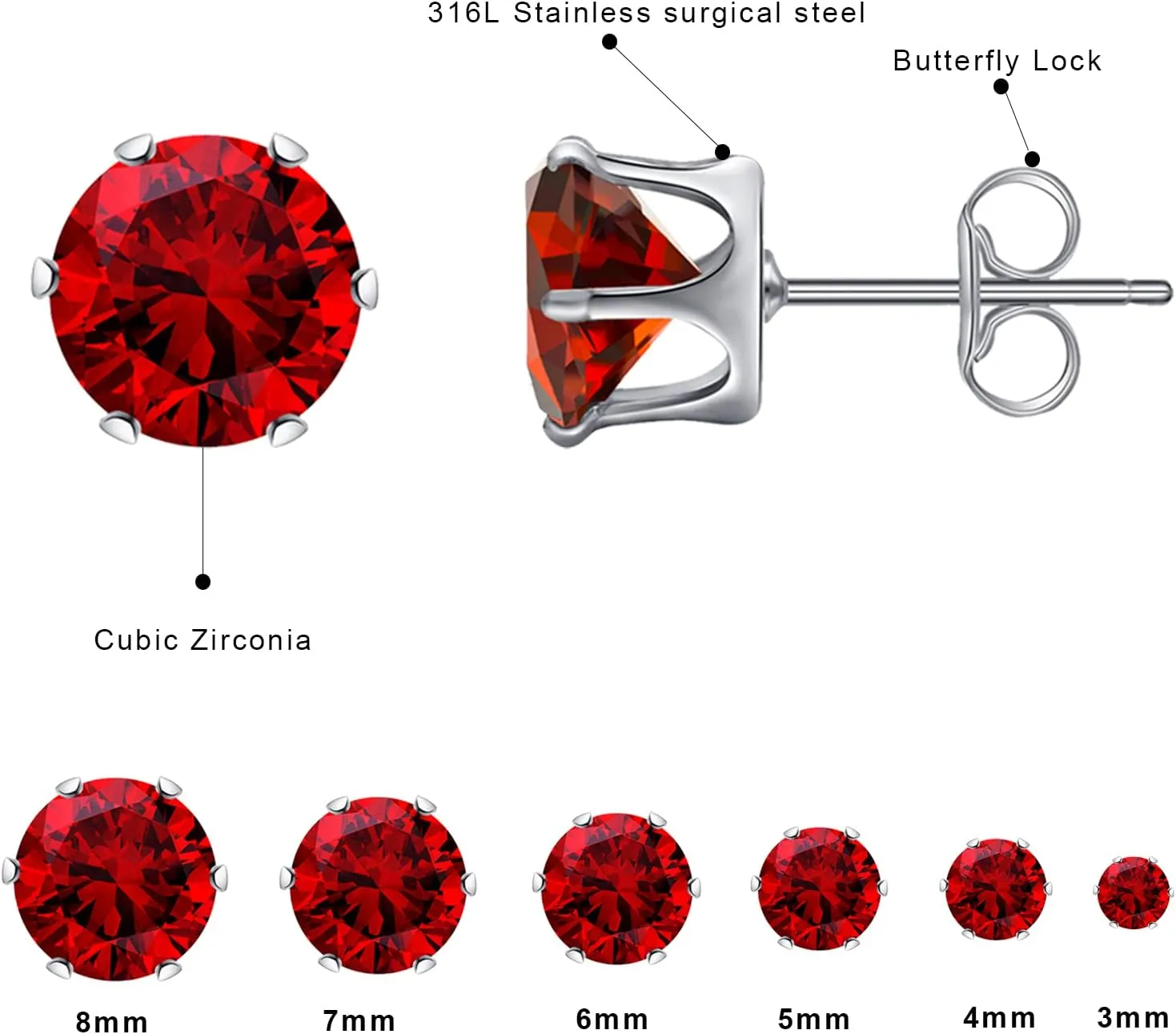 6 Pairs Stud Earrings Set,Clear Cubic Zirconia 316L Stainless Steel Earrings for Women Men 3-8mm