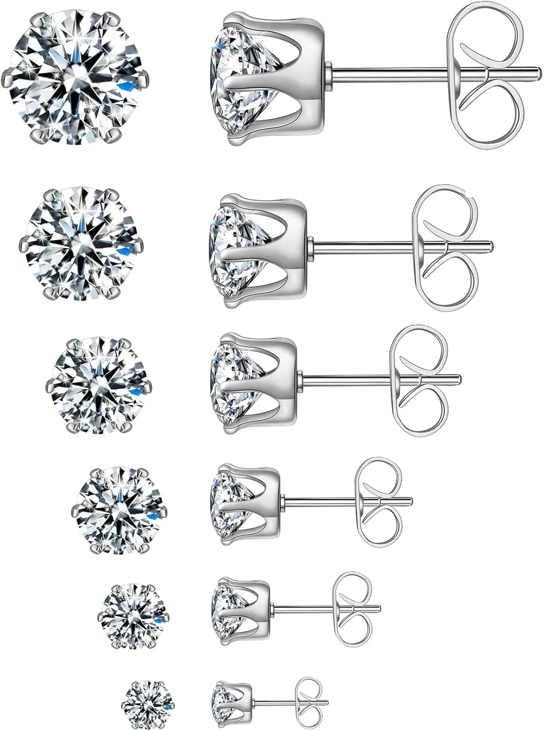6 Pairs Stud Earrings Set,Clear Cubic Zirconia 316L Stainless Steel Earrings for Women Men 3-8mm