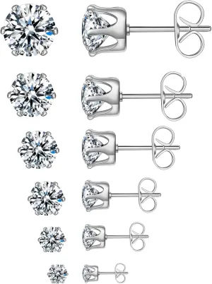 6 Pairs Stud Earrings Set,Clear Cubic Zirconia 316L Stainless Steel Earrings for Women Men 3-8mm
