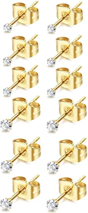 6Pairs 2mm/3mm Surgical Steel Hypoallergenic Piercing Studs, 20G 14K Real Gold Filled Tiny Stud Earrings Set for Multiple Hole Piercing (Cubic Zirconia, Pearl, Ball)