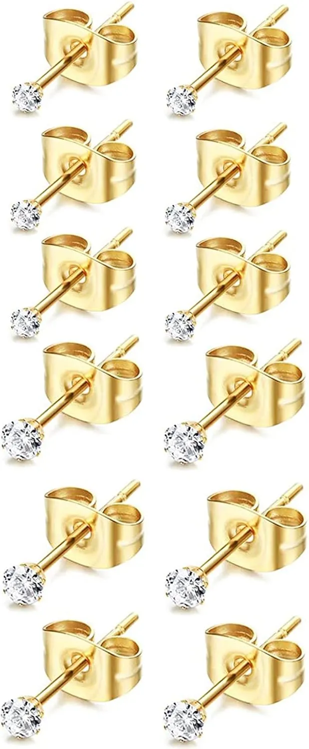 6Pairs 2mm/3mm Surgical Steel Hypoallergenic Piercing Studs, 20G 14K Real Gold Filled Tiny Stud Earrings Set for Multiple Hole Piercing (Cubic Zirconia, Pearl, Ball)