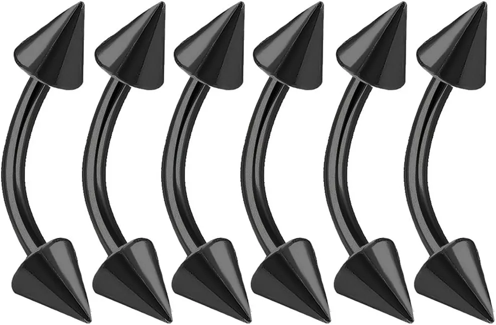6pcs 16g Curved Barbell Cartilage Lip Tragus Eyebrow Forward Helix Conch Daith Earring Black Vertical Labret Spike Pick Size