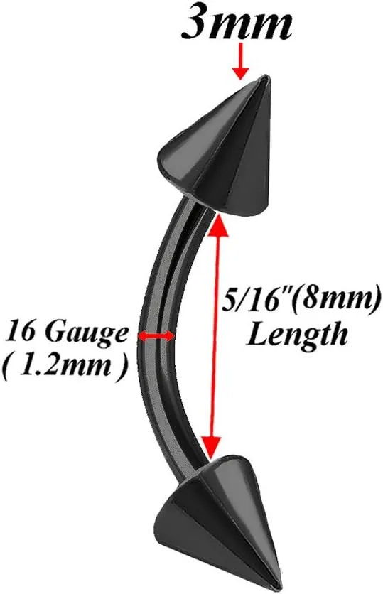 6pcs 16g Curved Barbell Cartilage Lip Tragus Eyebrow Forward Helix Conch Daith Earring Black Vertical Labret Spike Pick Size
