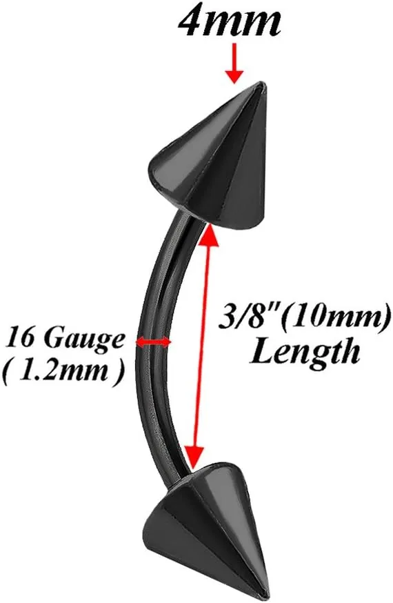 6pcs 16g Curved Barbell Cartilage Lip Tragus Eyebrow Forward Helix Conch Daith Earring Black Vertical Labret Spike Pick Size