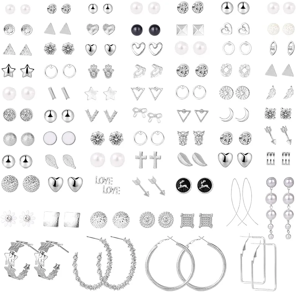 72 Pairs Earrings Set for Women Assorted Multiple Simple Stud Earrings Set Geometric Fake Pearl Round Ball Earring Set