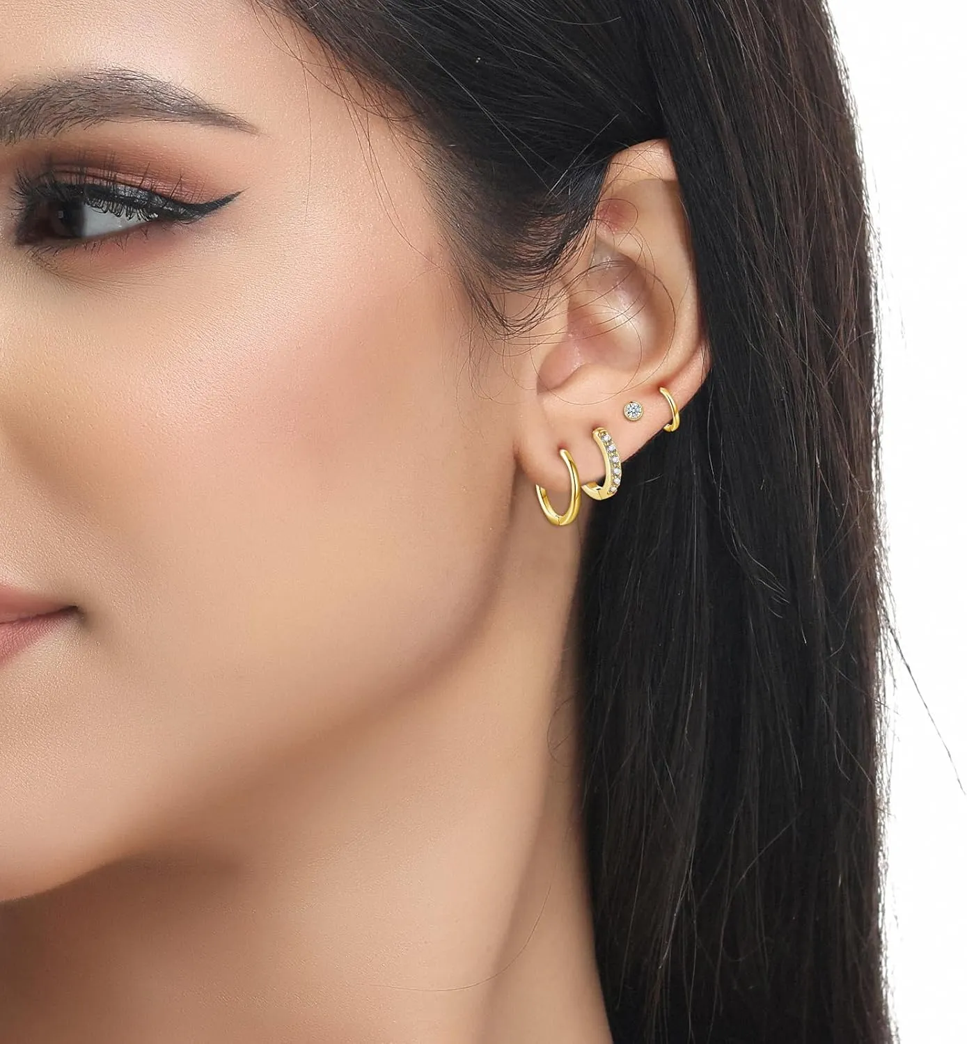 8 pairs Hypoallergenic Earrings Sets for Multiple Piercing |Surgical Steel Flat Back Small stud Earrings | Sterling Silver/Gold Small Huggie Hoop Earrings for Women Men Cartilage Earrings Hoop Stud