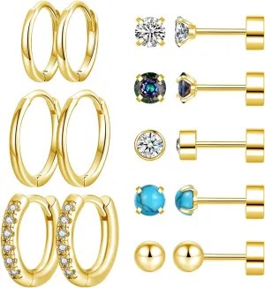 8 pairs Hypoallergenic Earrings Sets for Multiple Piercing |Surgical Steel Flat Back Small stud Earrings | Sterling Silver/Gold Small Huggie Hoop Earrings for Women Men Cartilage Earrings Hoop Stud