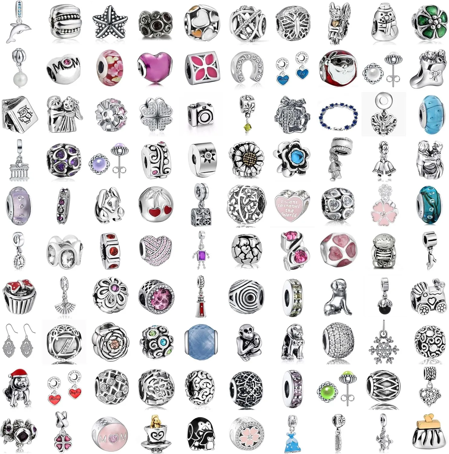 9 Pack Plated Silver Spacer Beads European Charms fit Pandora Bracelet CZ Dangle Enamel Random Mix Set