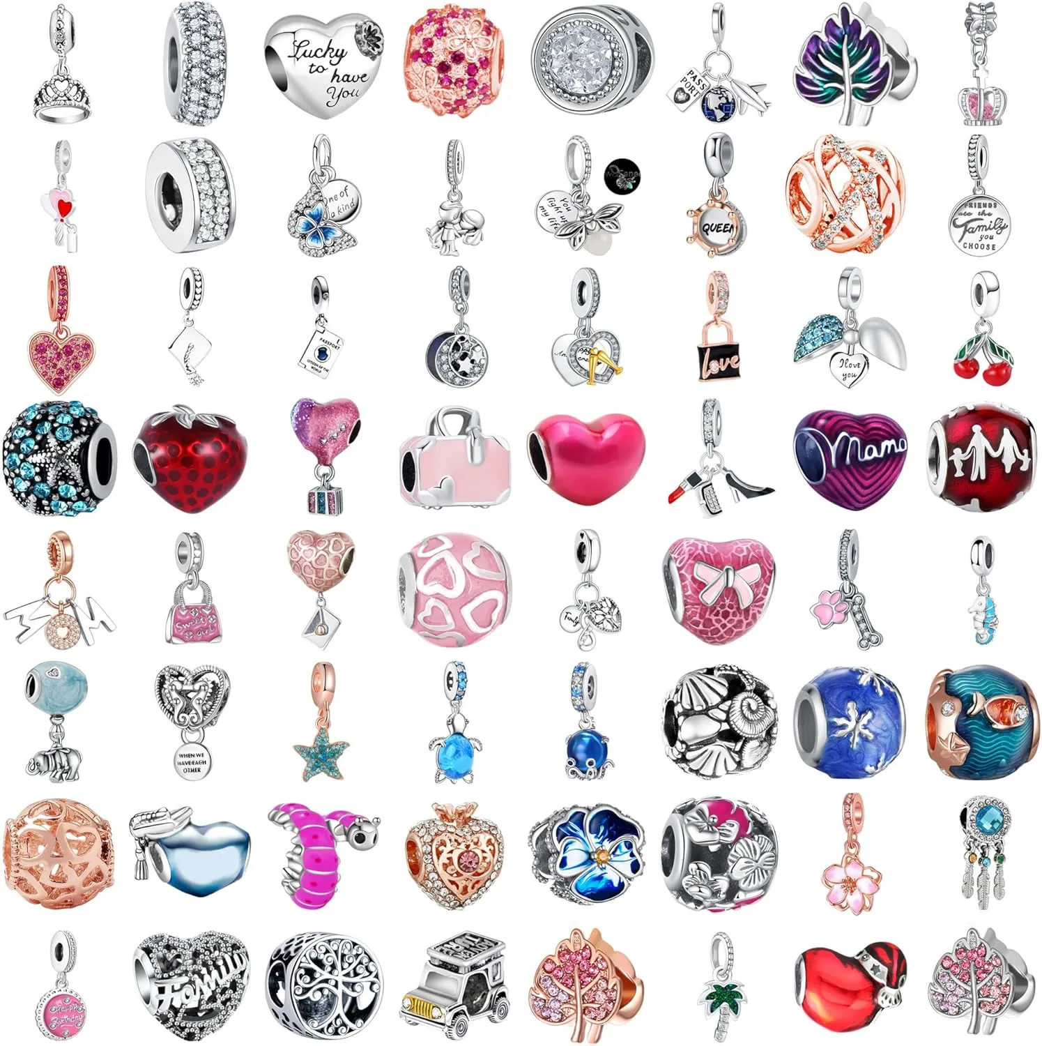 9 Pack Plated Silver Spacer Beads European Charms fit Pandora Bracelet CZ Dangle Enamel Random Mix Set