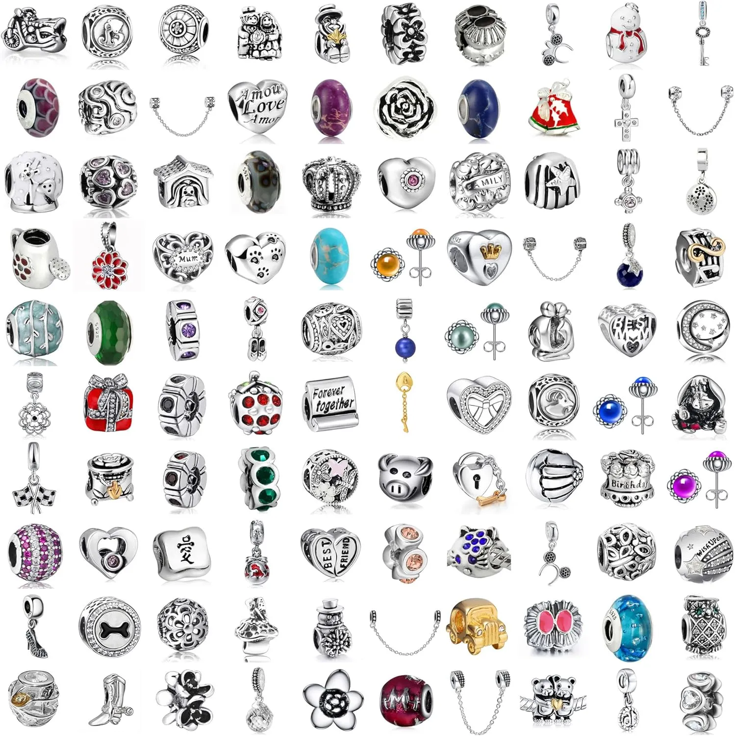 9 Pack Plated Silver Spacer Beads European Charms fit Pandora Bracelet CZ Dangle Enamel Random Mix Set