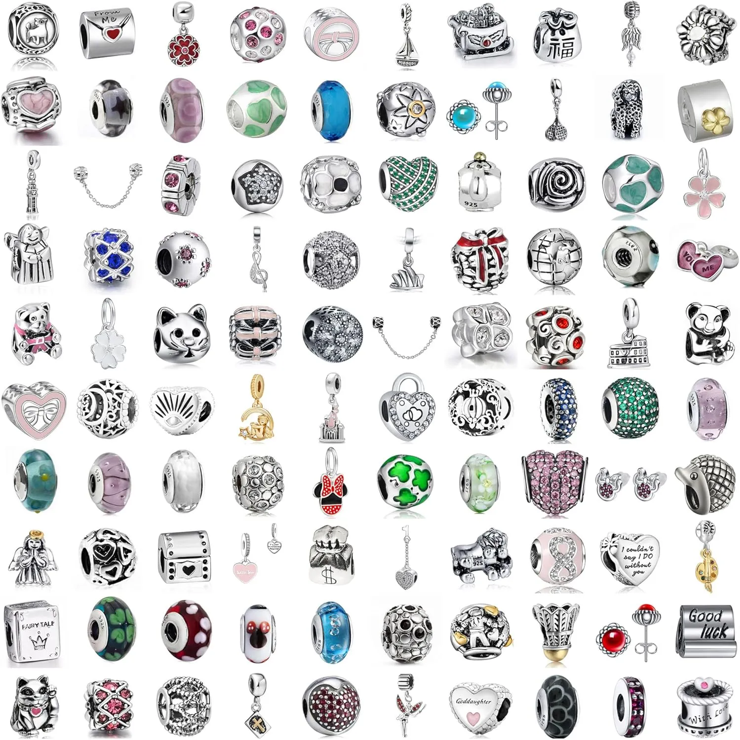 9 Pack Plated Silver Spacer Beads European Charms fit Pandora Bracelet CZ Dangle Enamel Random Mix Set