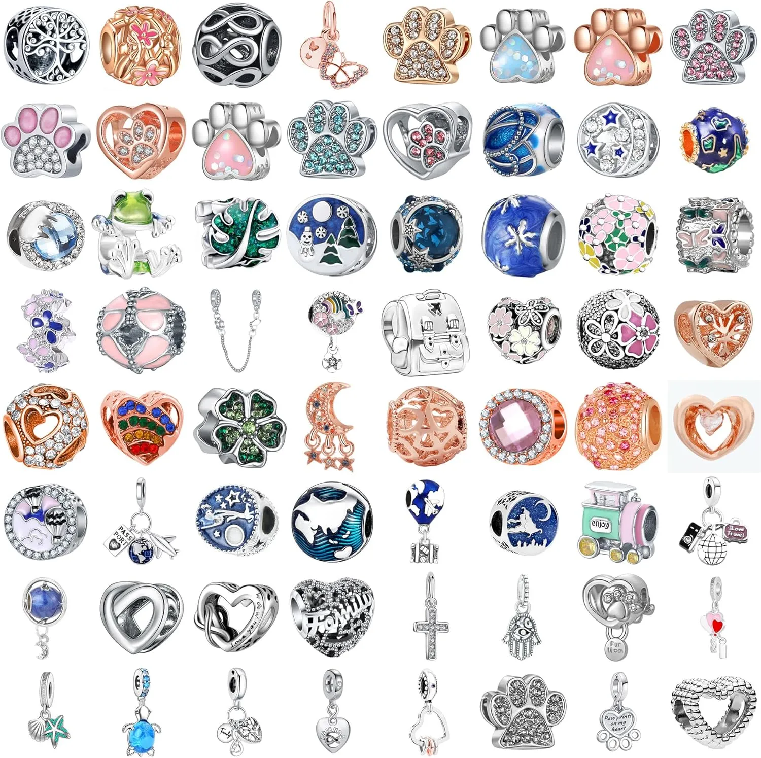9 Pack Plated Silver Spacer Beads European Charms fit Pandora Bracelet CZ Dangle Enamel Random Mix Set