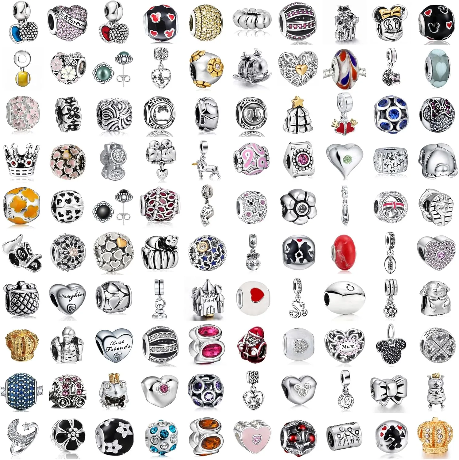 9 Pack Plated Silver Spacer Beads European Charms fit Pandora Bracelet CZ Dangle Enamel Random Mix Set