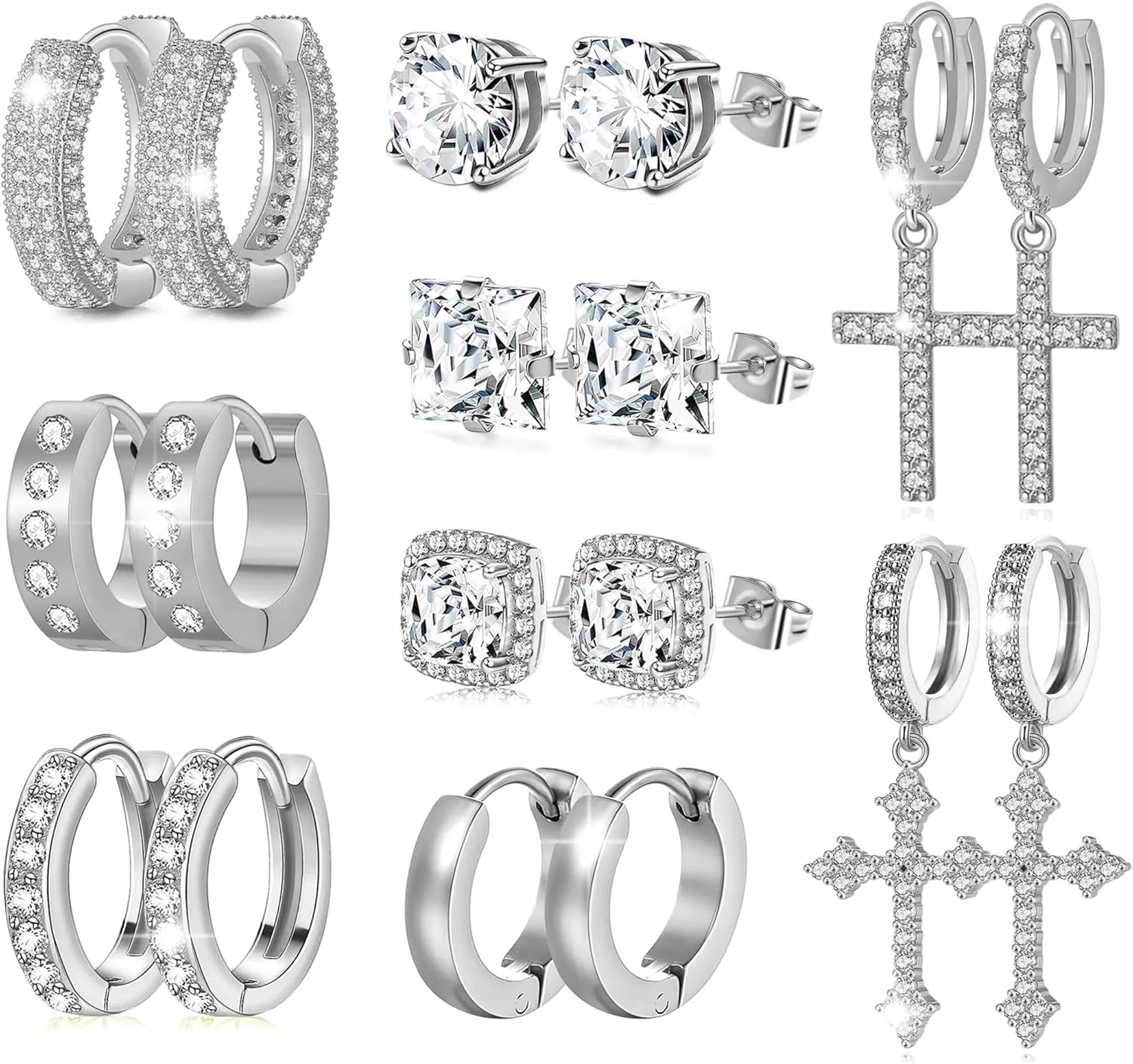 9 Pairs Earrings for Men Stainless Steel Small Hoop Earrings Hypoallergenic CZ Cross Dangle Earrings Cubic Zirconia Stud Earrings Huggie Men's Earrings Set