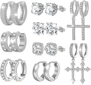 9 Pairs Earrings for Men Stainless Steel Small Hoop Earrings Hypoallergenic CZ Cross Dangle Earrings Cubic Zirconia Stud Earrings Huggie Men's Earrings Set