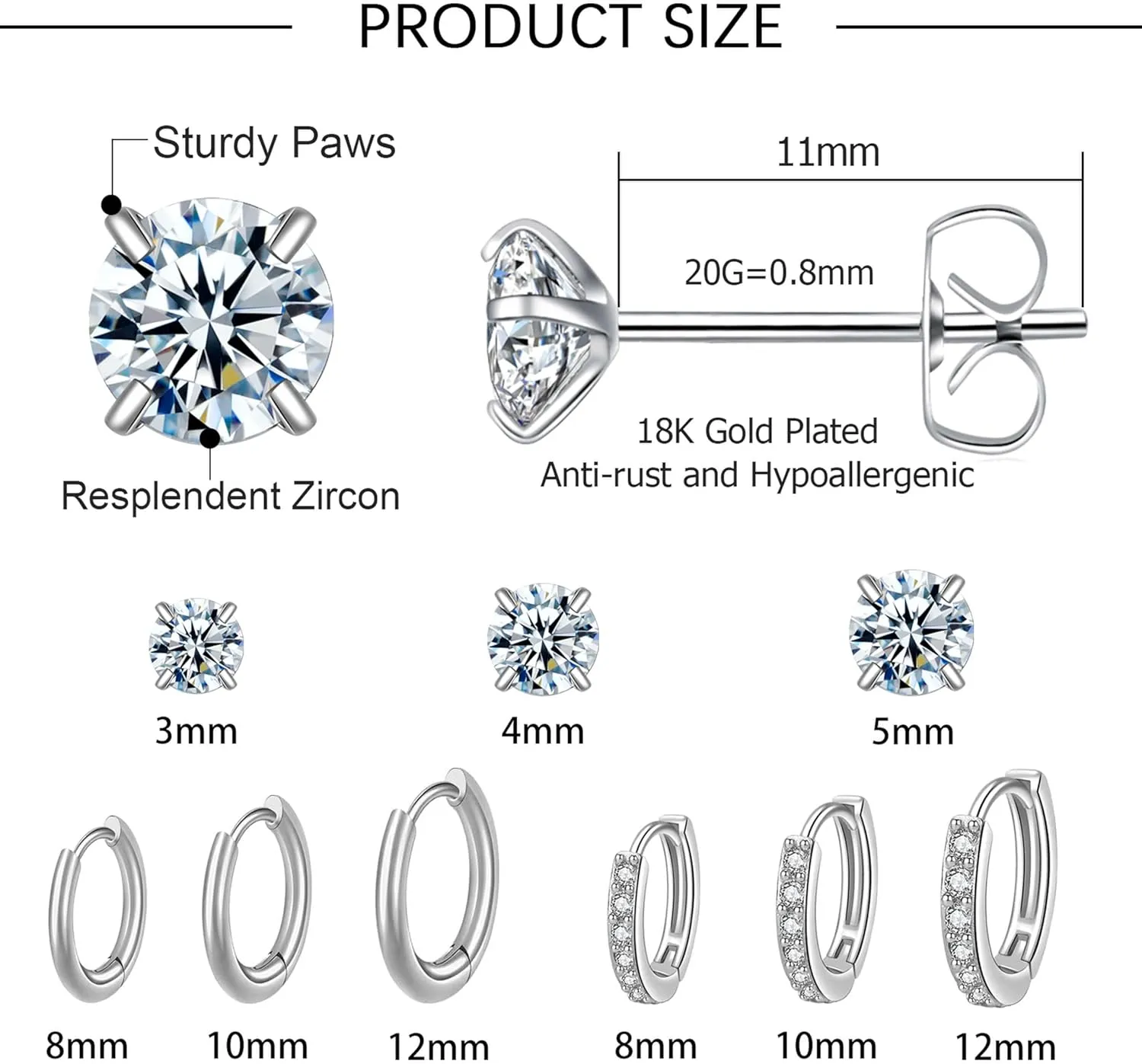 9 Pairs Small Silver Huggie Hoop Earrings Set for Women,Surgical Steel Hypoallergenic Cubic Zirconia Stud Earrings Cartilage Multiple Piercing for Women