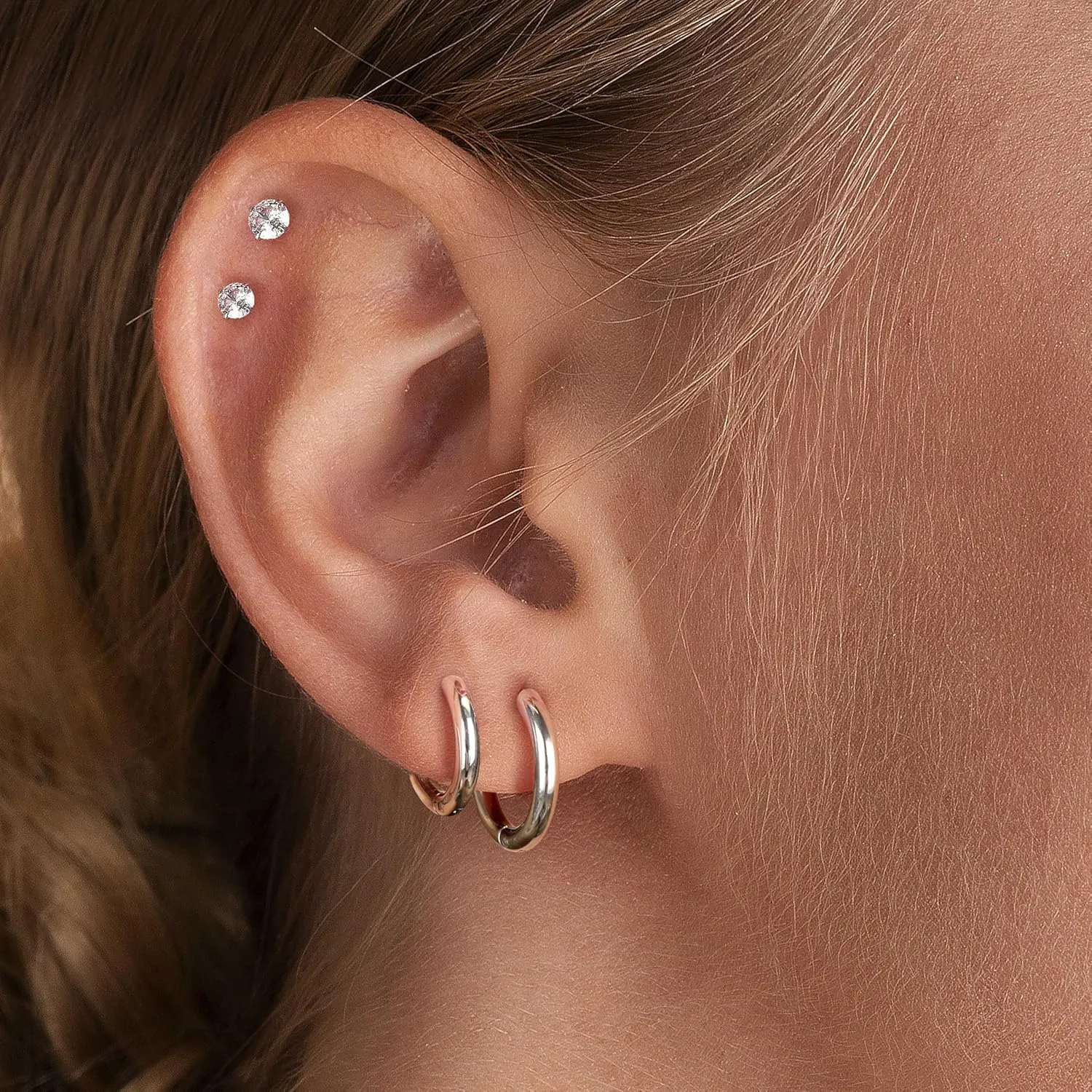 9 Pairs Small Silver Huggie Hoop Earrings Set for Women,Surgical Steel Hypoallergenic Cubic Zirconia Stud Earrings Cartilage Multiple Piercing for Women