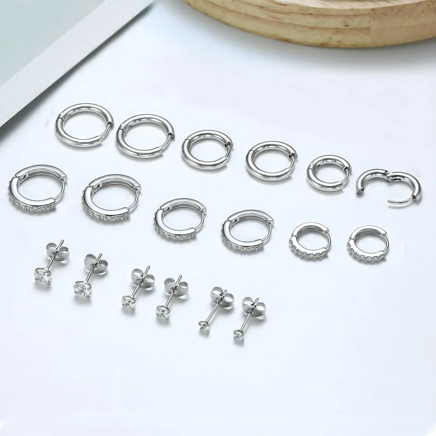 9 Pairs Small Silver Huggie Hoop Earrings Set for Women,Surgical Steel Hypoallergenic Cubic Zirconia Stud Earrings Cartilage Multiple Piercing for Women