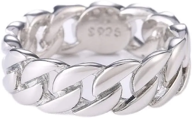 925 Sterling Silver 7mm Wide Cuban Link Chain Ring Hip Hop Stackable Celtic Knot Ring Twisted Chunky Dome Biker Ring Jewelry Gift for Men