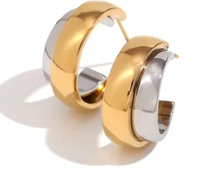 925 Sterling Silver Chunky Hoop Earrings 14K Gold Plated Two Tone Hoop Earrings for Women Lightweight Hypoallergenic Wide Face Thick Gold Earring