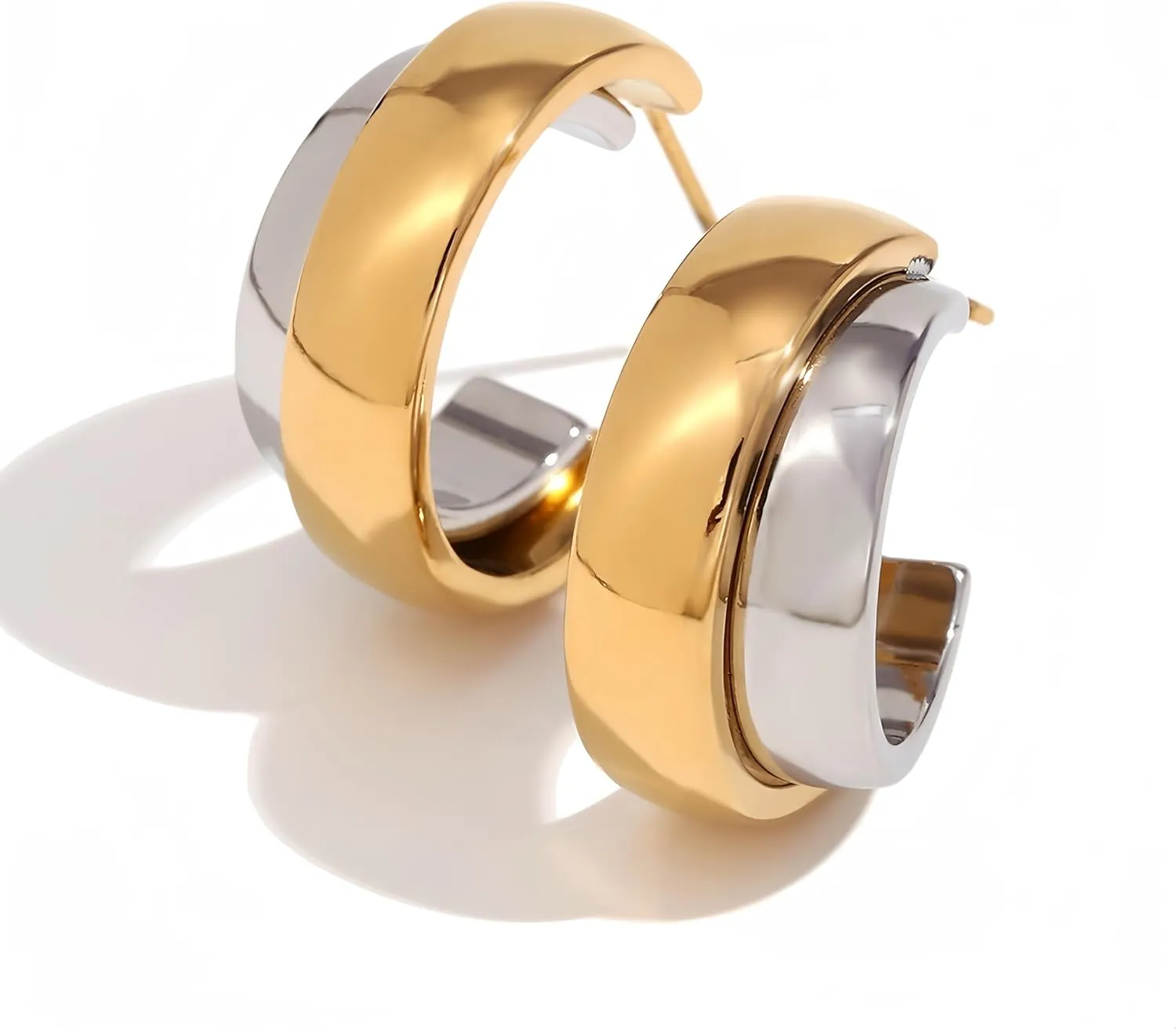 925 Sterling Silver Chunky Hoop Earrings 14K Gold Plated Two Tone Hoop Earrings for Women Lightweight Hypoallergenic Wide Face Thick Gold Earring