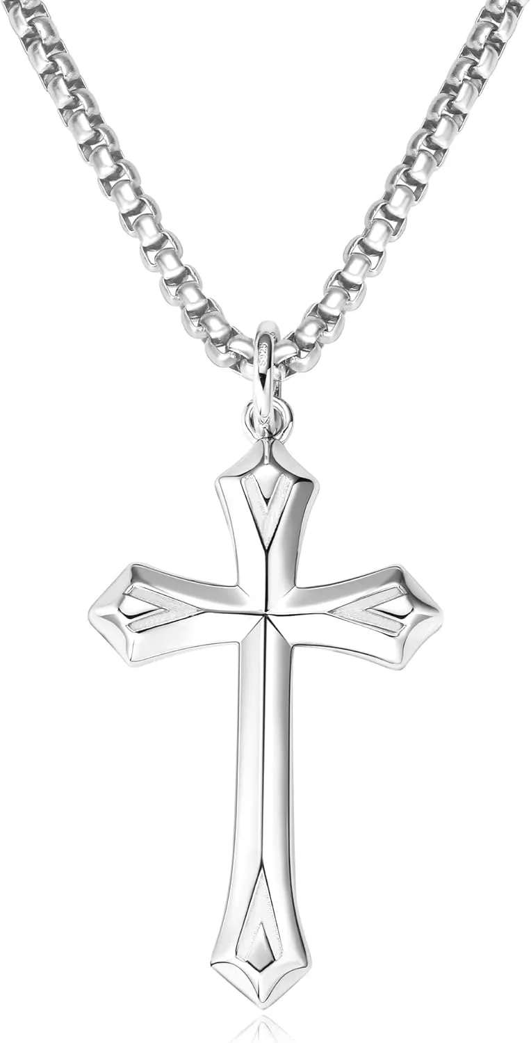 925 Sterling Silver Cross Necklace for Men Women Durable Stainless Steel Rolo Cross Chain 18K White Gold Plated Beveled Edge Black Gothic Rivets Textured Moissanite Crucifix Pendant Necklace 24