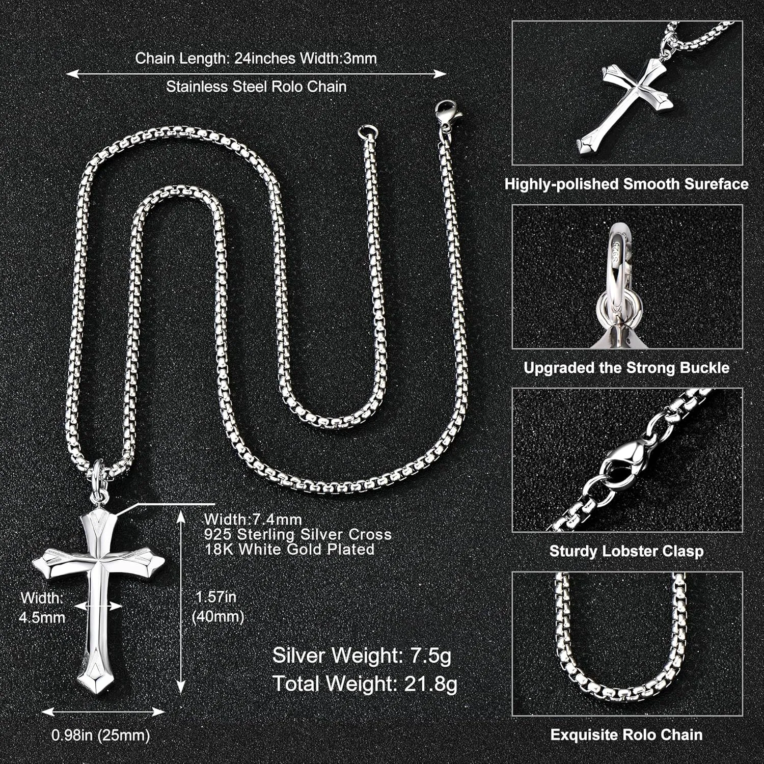 925 Sterling Silver Cross Necklace for Men Women Durable Stainless Steel Rolo Cross Chain 18K White Gold Plated Beveled Edge Black Gothic Rivets Textured Moissanite Crucifix Pendant Necklace 24