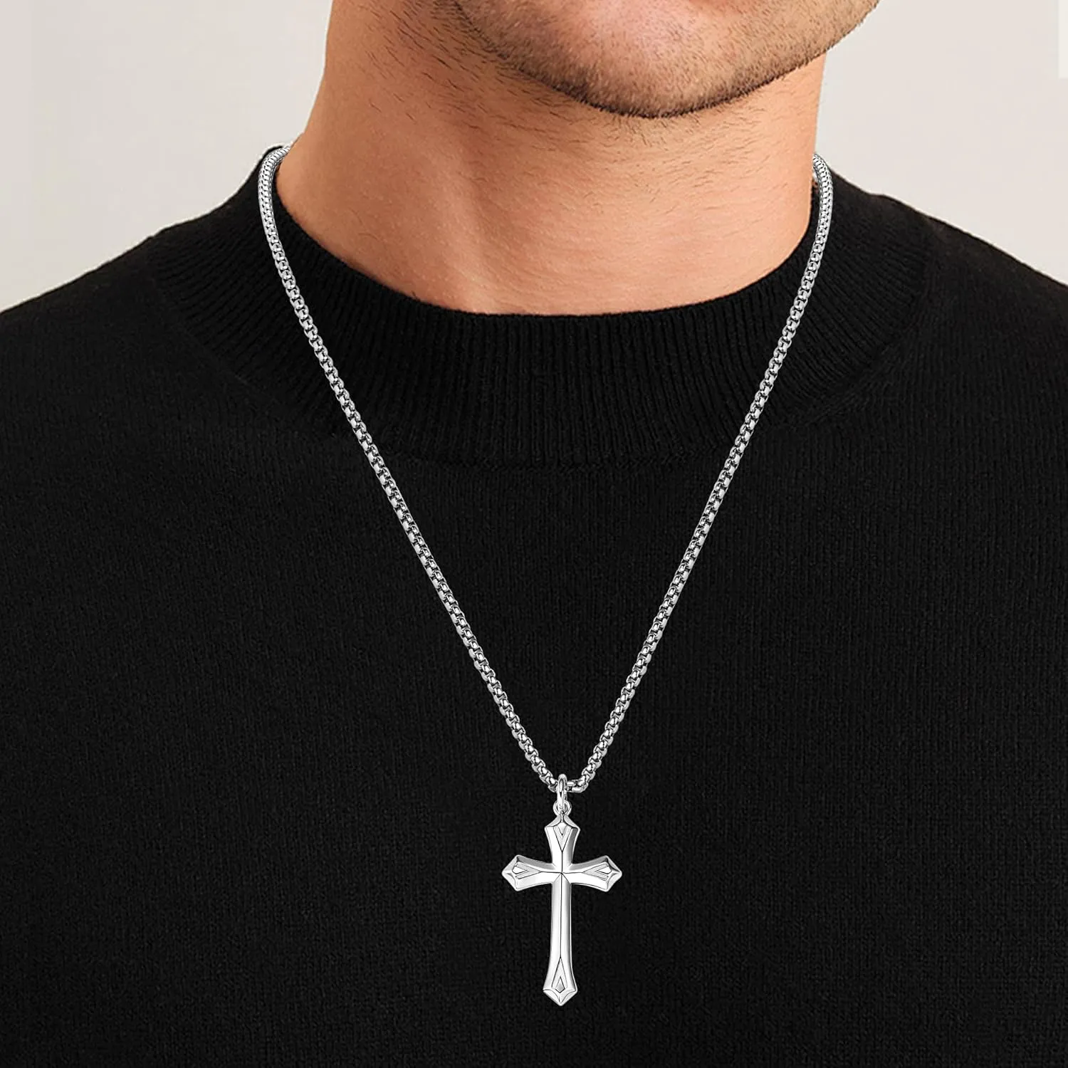 925 Sterling Silver Cross Necklace for Men Women Durable Stainless Steel Rolo Cross Chain 18K White Gold Plated Beveled Edge Black Gothic Rivets Textured Moissanite Crucifix Pendant Necklace 24