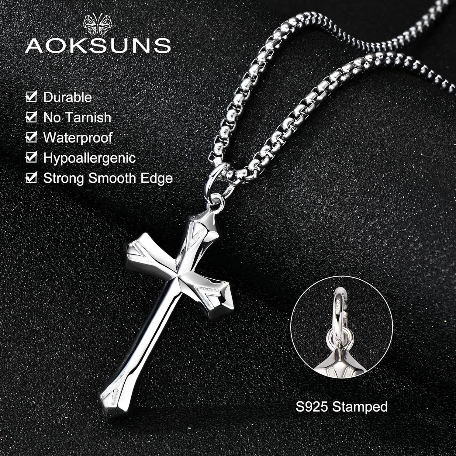 925 Sterling Silver Cross Necklace for Men Women Durable Stainless Steel Rolo Cross Chain 18K White Gold Plated Beveled Edge Black Gothic Rivets Textured Moissanite Crucifix Pendant Necklace 24