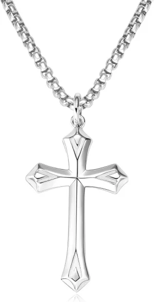 925 Sterling Silver Cross Necklace for Men Women Durable Stainless Steel Rolo Cross Chain 18K White Gold Plated Beveled Edge Black Gothic Rivets Textured Moissanite Crucifix Pendant Necklace 24
