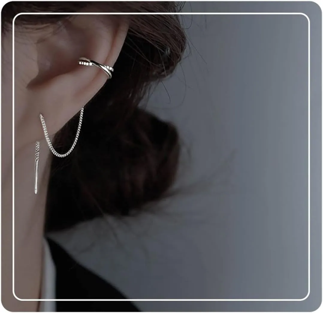 925 Sterling Silver Cuff Chain Earrings Wrap Tassel Earrings for Women Long Threader Earring Dangly Double Piercing Jewelry