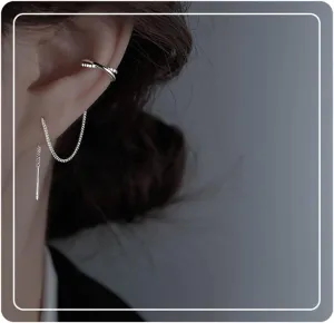 925 Sterling Silver Cuff Chain Earrings Wrap Tassel Earrings for Women Long Threader Earring Dangly Double Piercing Jewelry