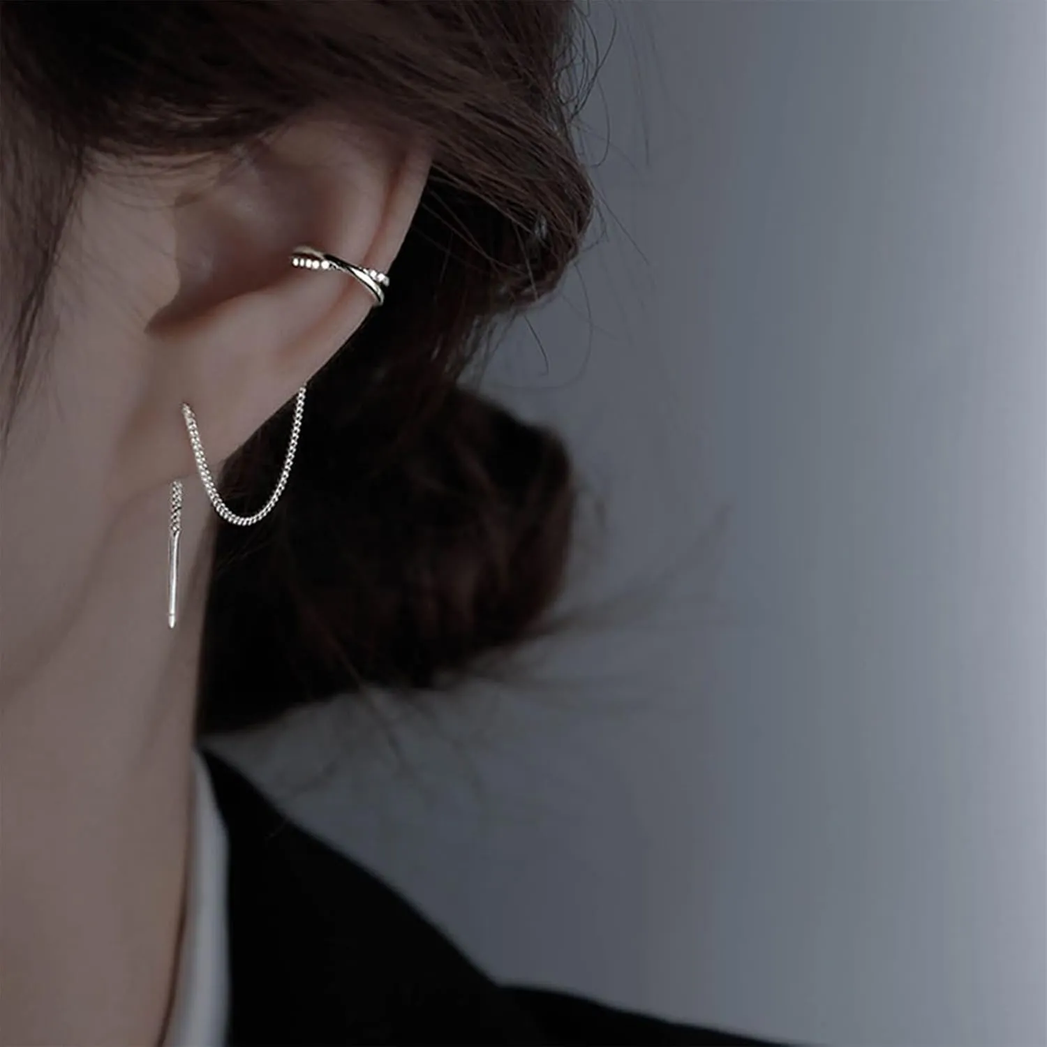 925 Sterling Silver Cuff Chain Earrings Wrap Tassel Earrings for Women Long Threader Earring Dangly Double Piercing Jewelry
