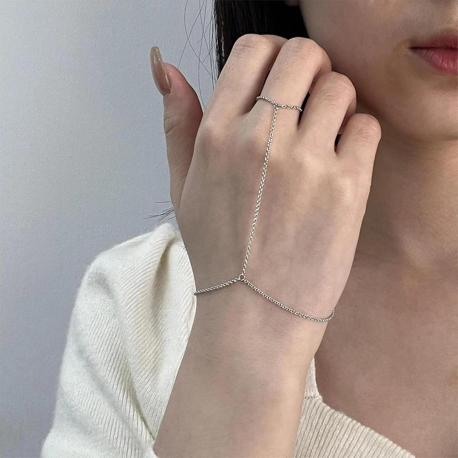 925 Sterling Silver Finger Ring Bracelet Hand Chain for Women, Handmade Slave Bracelets 7" to 9" Adjustable