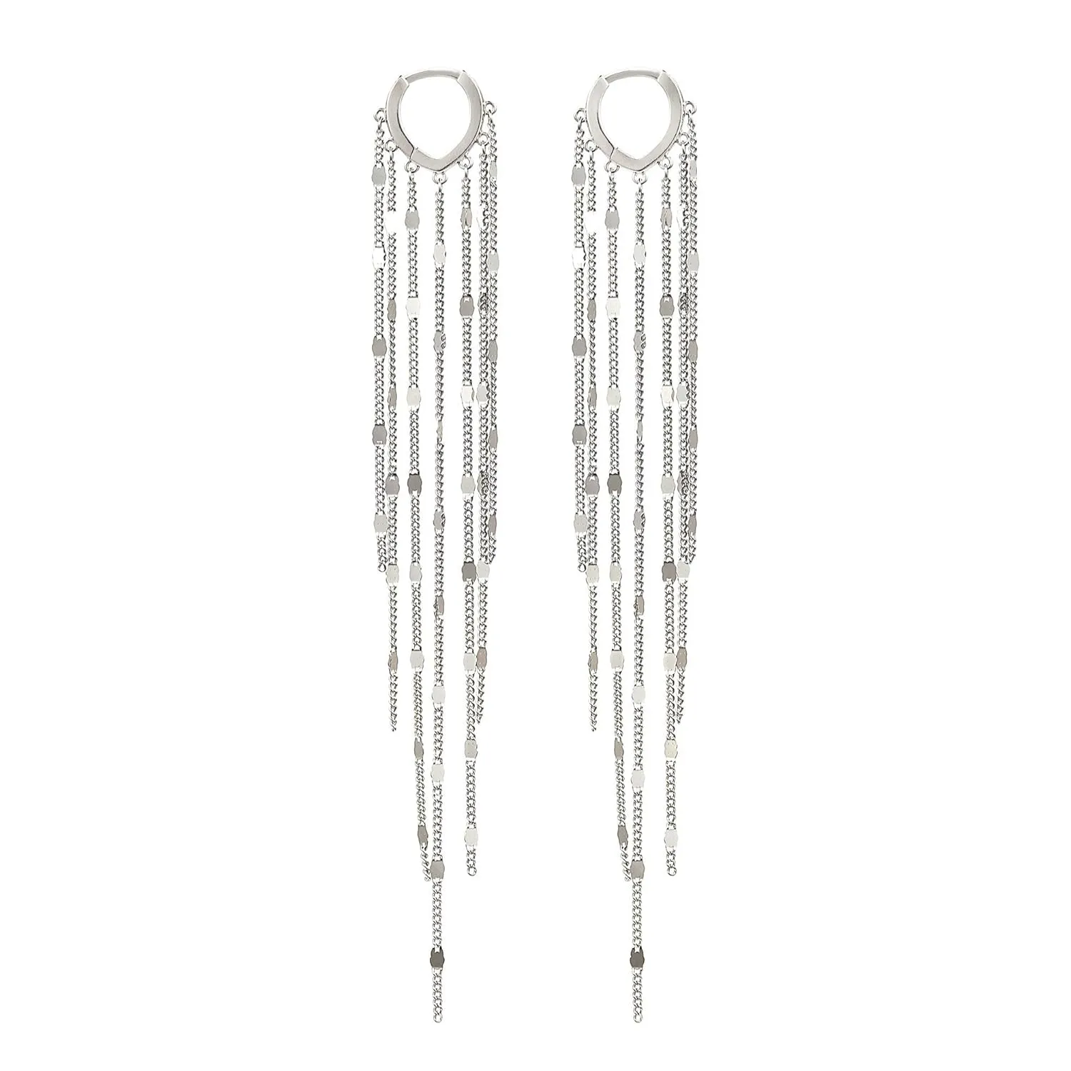 925 Sterling Silver Long Tassels Earrings Huggie Hoops for Women, White Gold Plated
