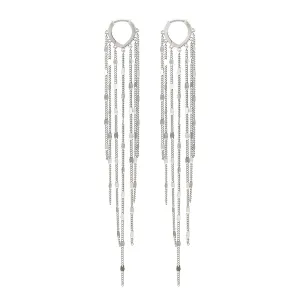 925 Sterling Silver Long Tassels Earrings Huggie Hoops for Women, White Gold Plated