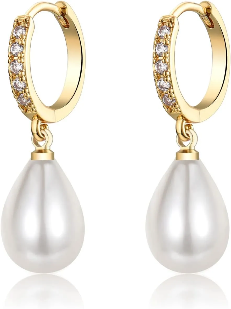 925 Sterling Silver Pearl Earrings for Women,Hypoallergenic Gold Pearl Drop Earrings with 5A  Cubic Zirconia Huggie Hoop Jewelry Gifts for Women Ladies (Silver & Gold)