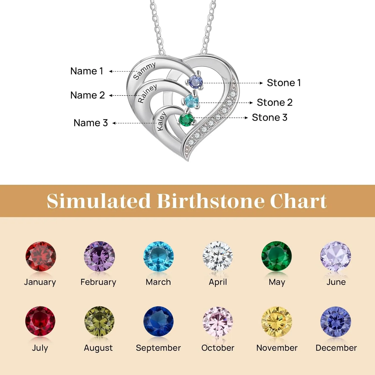 925 Sterling Silver Personalized Birthstone Necklace for Women - Custom Engraved Heart Pendant with 2~6 Names & Birthstones, Mothers Day Necklace, Gift for Mom, Wife, Grandma, and Her