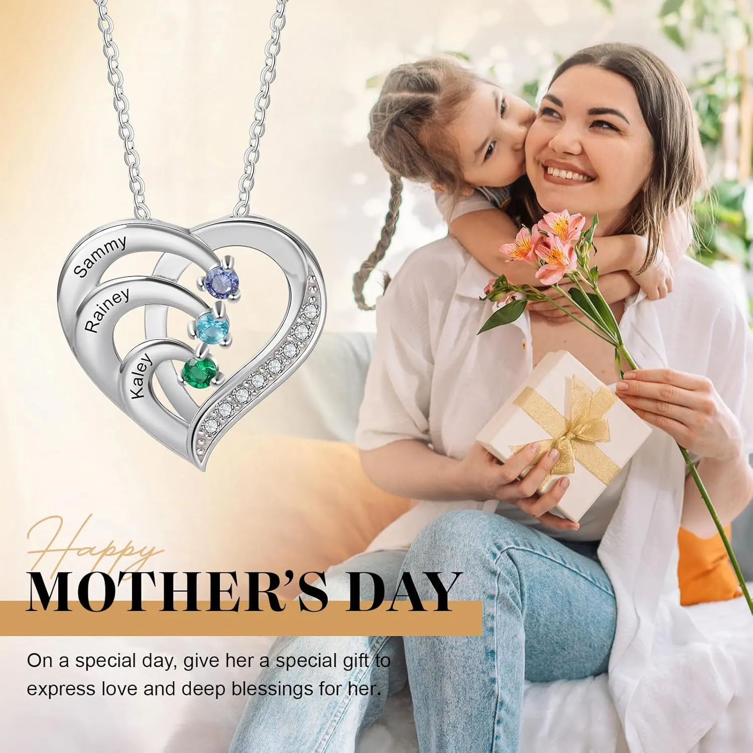 925 Sterling Silver Personalized Birthstone Necklace for Women - Custom Engraved Heart Pendant with 2~6 Names & Birthstones, Mothers Day Necklace, Gift for Mom, Wife, Grandma, and Her