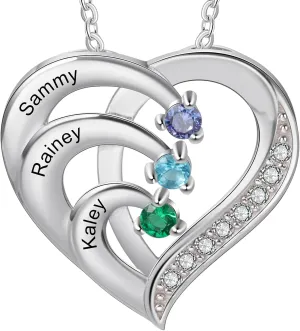925 Sterling Silver Personalized Birthstone Necklace for Women - Custom Engraved Heart Pendant with 2~6 Names & Birthstones, Mothers Day Necklace, Gift for Mom, Wife, Grandma, and Her