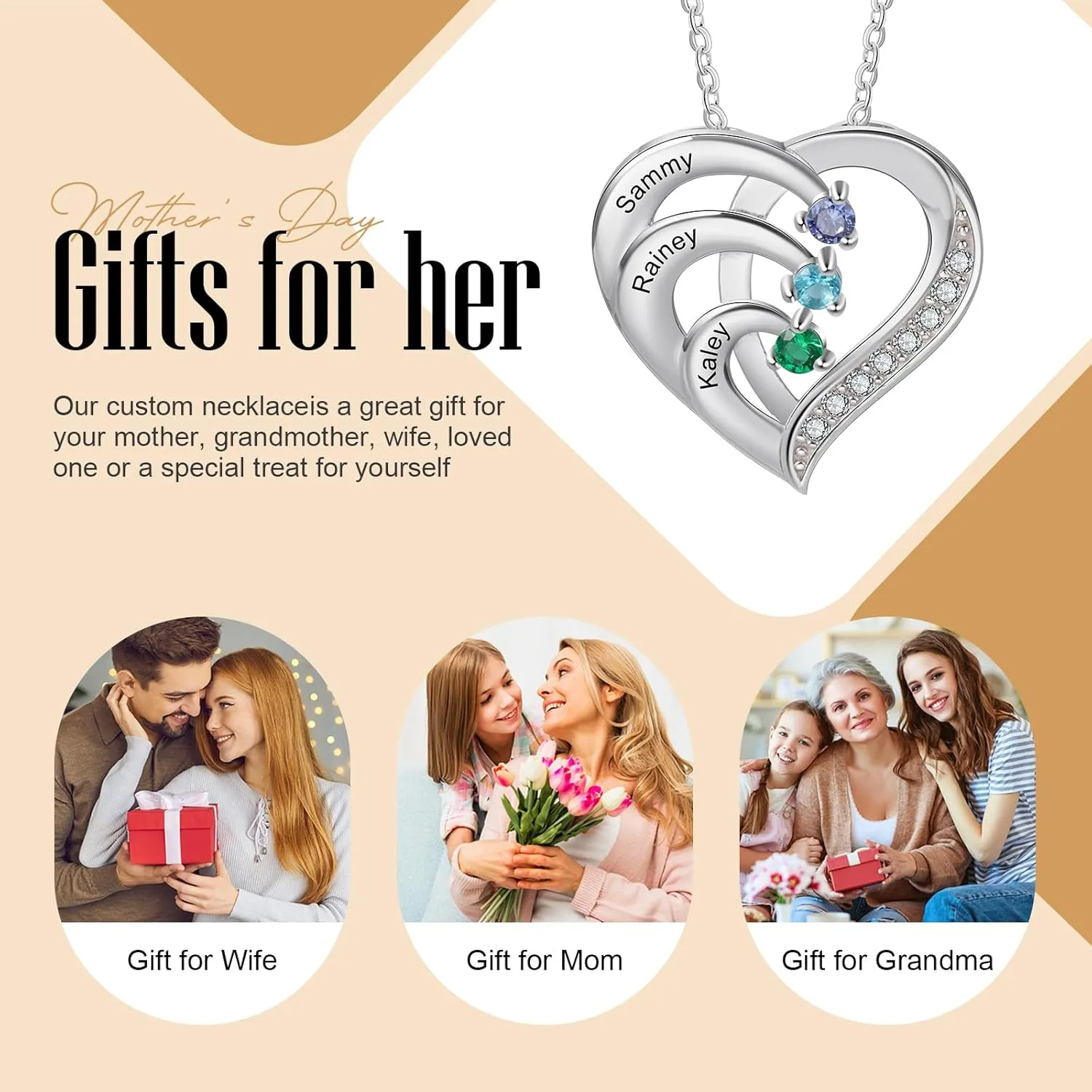 925 Sterling Silver Personalized Birthstone Necklace for Women - Custom Engraved Heart Pendant with 2~6 Names & Birthstones, Mothers Day Necklace, Gift for Mom, Wife, Grandma, and Her