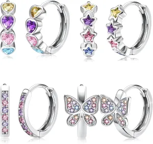 925 Sterling Silver Post Small Hoop Earrings For Girls - Hypoallergenic Huggie Earrings for Women Cute Heart Flowers Butterfly Star Cubic Zirconia Cartilage Earrings For Sensitive Ears 4Pairs
