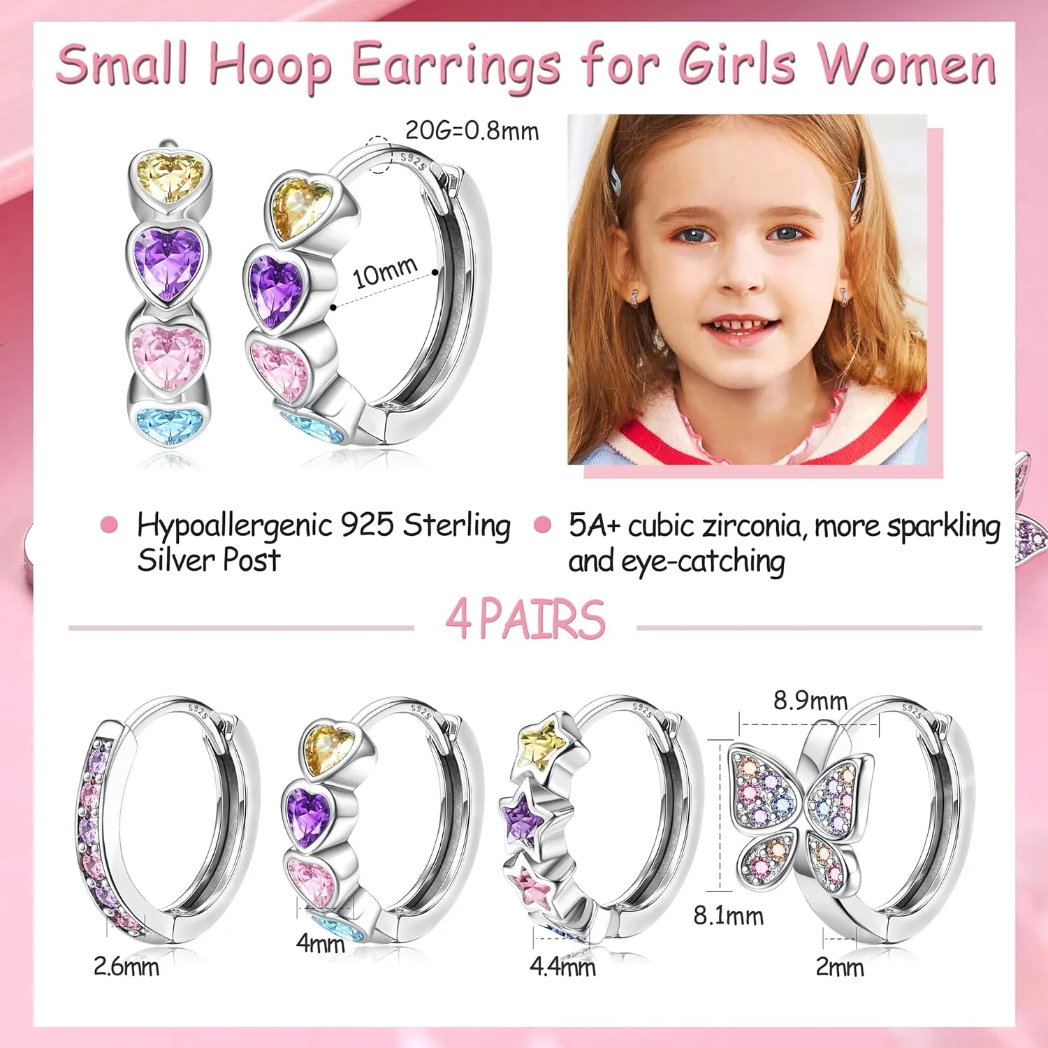 925 Sterling Silver Post Small Hoop Earrings For Girls - Hypoallergenic Huggie Earrings for Women Cute Heart Flowers Butterfly Star Cubic Zirconia Cartilage Earrings For Sensitive Ears 4Pairs