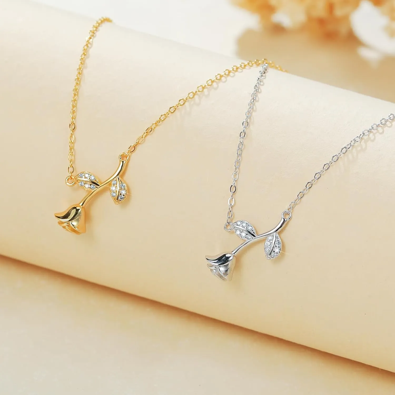 925 Sterling Silver Rose Flower Pendant Necklace for Women 14K Gold Plated CZ Rose Flower Necklace for Mother Rose Pendant Necklace Exquisite Floral Jewelry for Lover Couples Birthday Graduation Gifts
