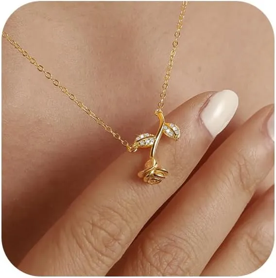 925 Sterling Silver Rose Flower Pendant Necklace for Women 14K Gold Plated CZ Rose Flower Necklace for Mother Rose Pendant Necklace Exquisite Floral Jewelry for Lover Couples Birthday Graduation Gifts