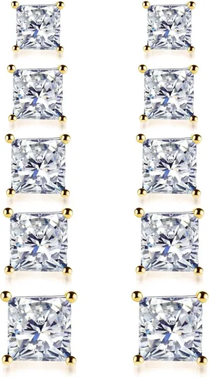 925 Sterling Silver Stud Earrings, 4 Pairs Square Cubic Zirconia Stud Earrings Set for Women Men 3 4 5 6mm