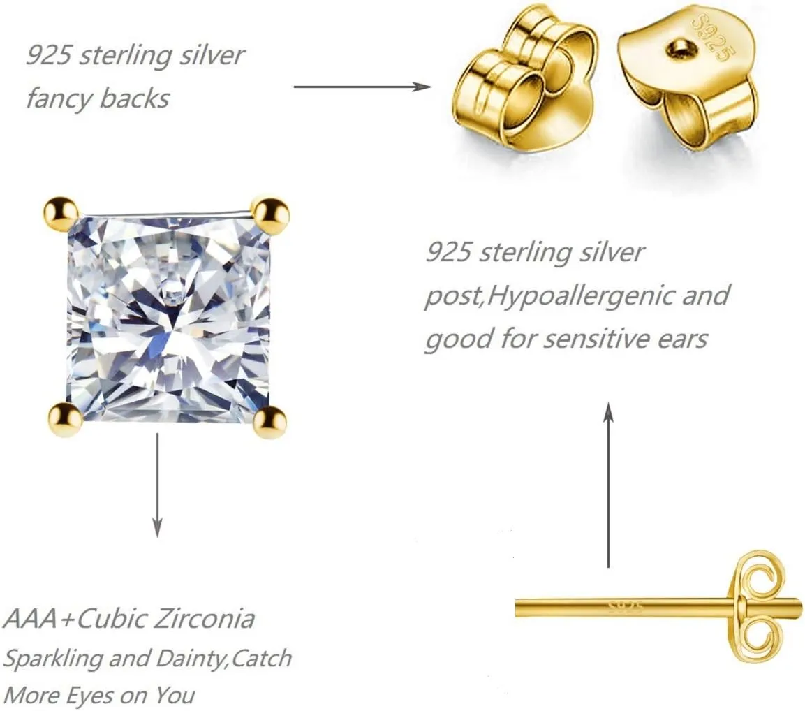 925 Sterling Silver Stud Earrings, 4 Pairs Square Cubic Zirconia Stud Earrings Set for Women Men 3 4 5 6mm