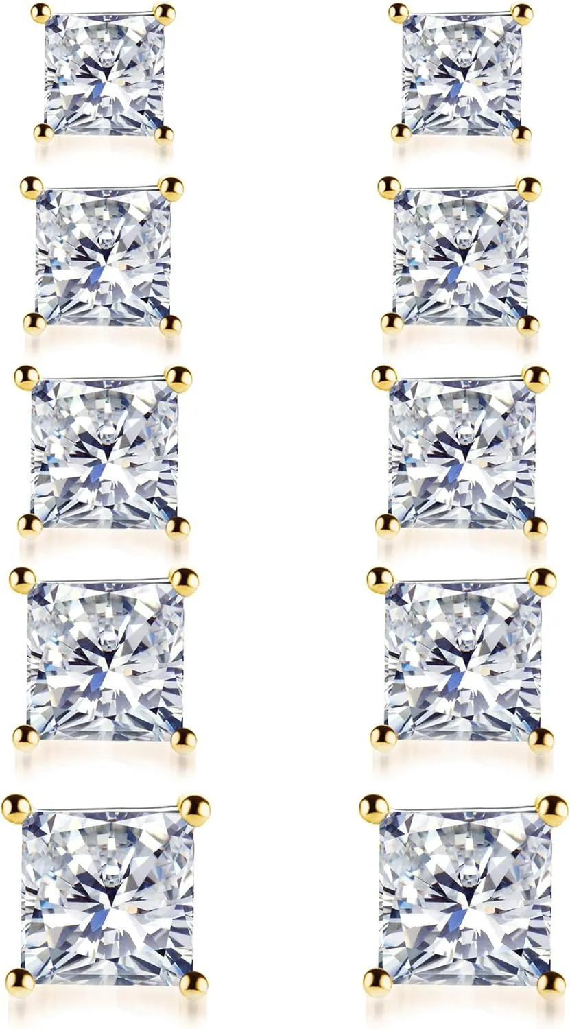 925 Sterling Silver Stud Earrings, 4 Pairs Square Cubic Zirconia Stud Earrings Set for Women Men 3 4 5 6mm