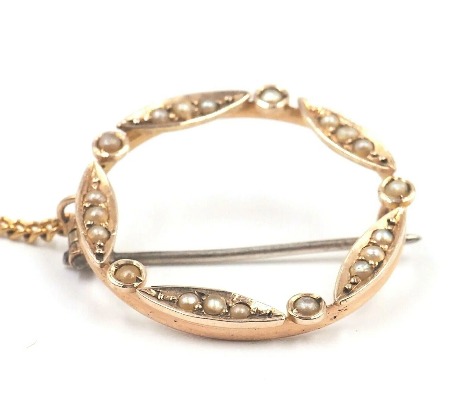 9ct Yellow Gold Seed Pearl Brooch with Safety Chain