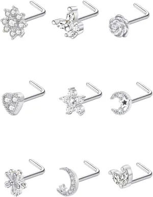 9Pcs 20G Stainless Steel Nose Rings L Shaped Nose Studs Flower Screw Nose Rings for Women Men Nose Piercing Set